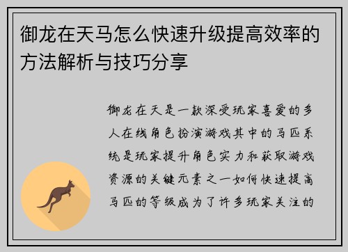 御龙在天马怎么快速升级提高效率的方法解析与技巧分享